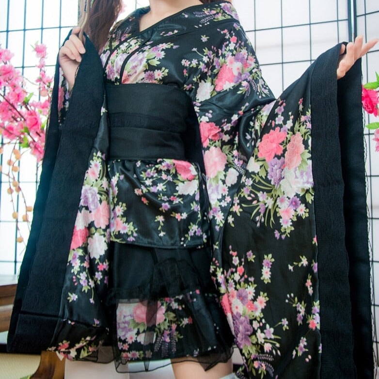 Black Red Japanese Kimono Floral Pattern Short Robe-Kawaii Dream
