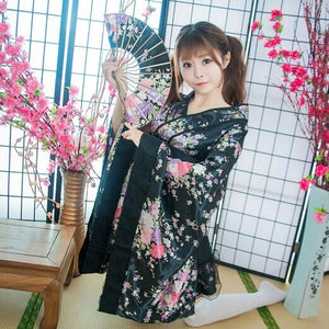 Black Red Japanese Kimono Floral Pattern Short Robe-Kawaii Dream
