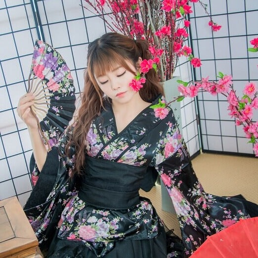 Black Red Japanese Kimono Floral Pattern Short Robe-Kawaii Dream