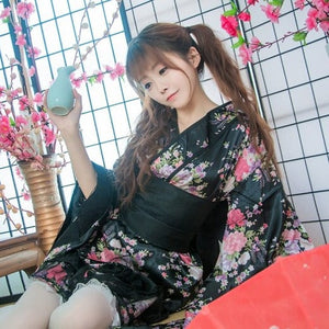 Black Red Japanese Kimono Floral Pattern Short Robe-Kawaii Dream