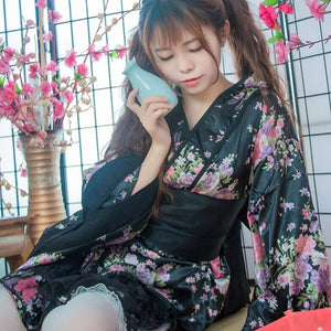 Black Red Japanese Kimono Floral Pattern Short Robe-Kawaii Dream