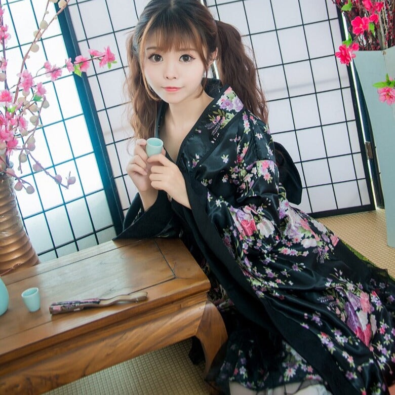Black Red Japanese Kimono Floral Pattern Short Robe-Kawaii Dream