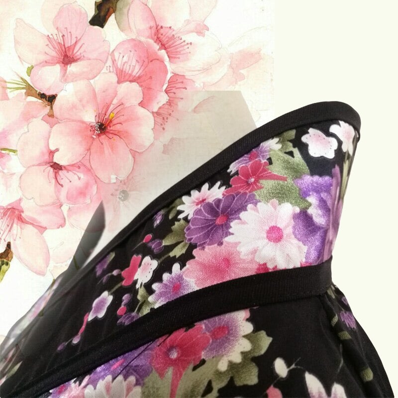 Black Red Japanese Kimono Floral Pattern Short Robe-Kawaii Dream