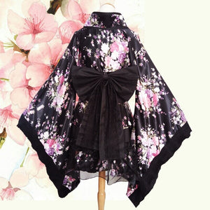 Black Red Japanese Kimono Floral Pattern Short Robe-Kawaii Dream