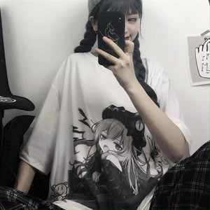 Black & White Anime Girl Bear Tee-Kawaii Dream