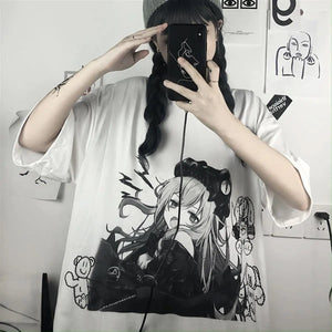 Black & White Anime Girl Bear Tee-Kawaii Dream