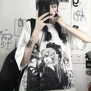 Black & White Anime Girl Bear Tee-Kawaii Dream