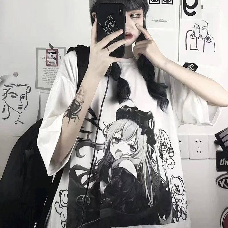Black & White Anime Girl Bear Tee-Kawaii Dream