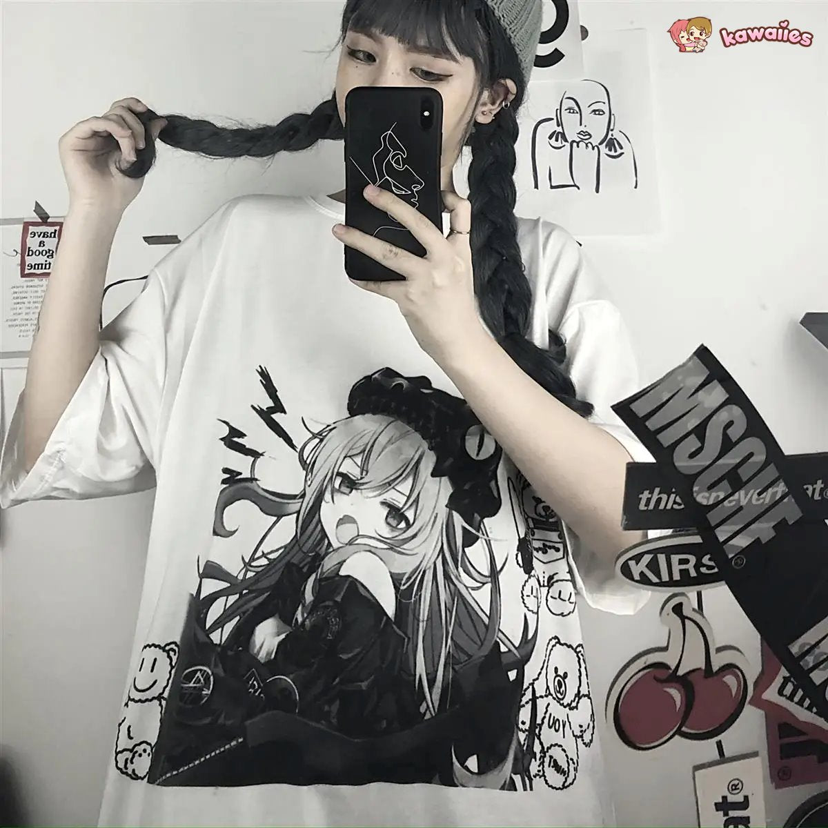Black & White Anime Girl Bear Tee-Kawaii Dream
