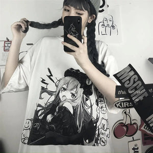Black & White Anime Girl Bear Tee-Kawaii Dream