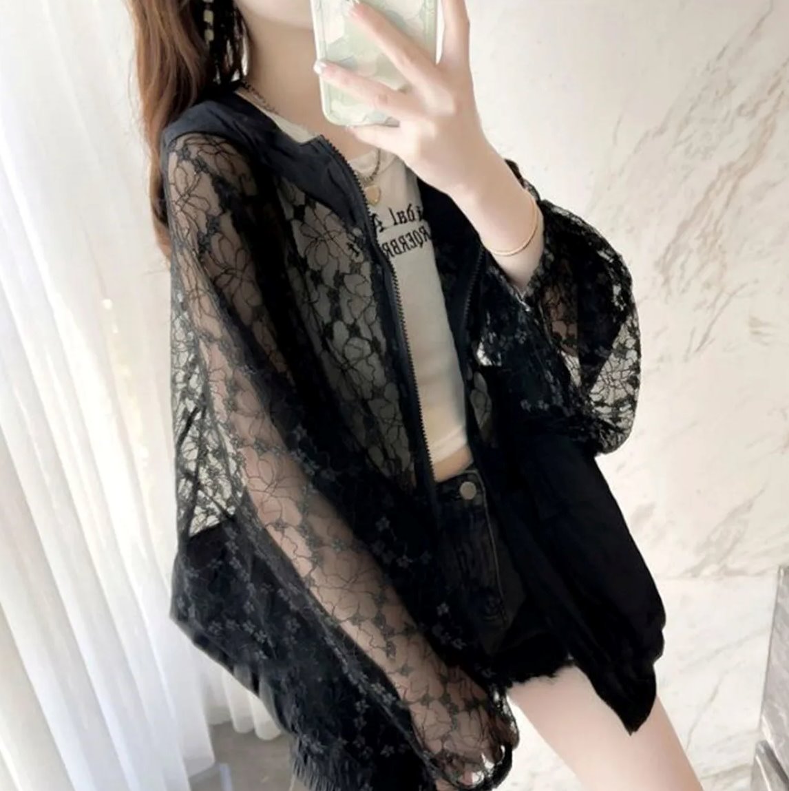 Black White Laced Hoodie Women's Hooded Jacket-Kawaii Dream