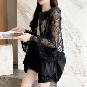 Black White Laced Hoodie Women's Hooded Jacket-Kawaii Dream