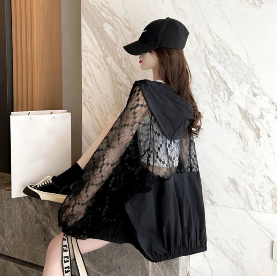 Black White Laced Hoodie Women's Hooded Jacket-Kawaii Dream