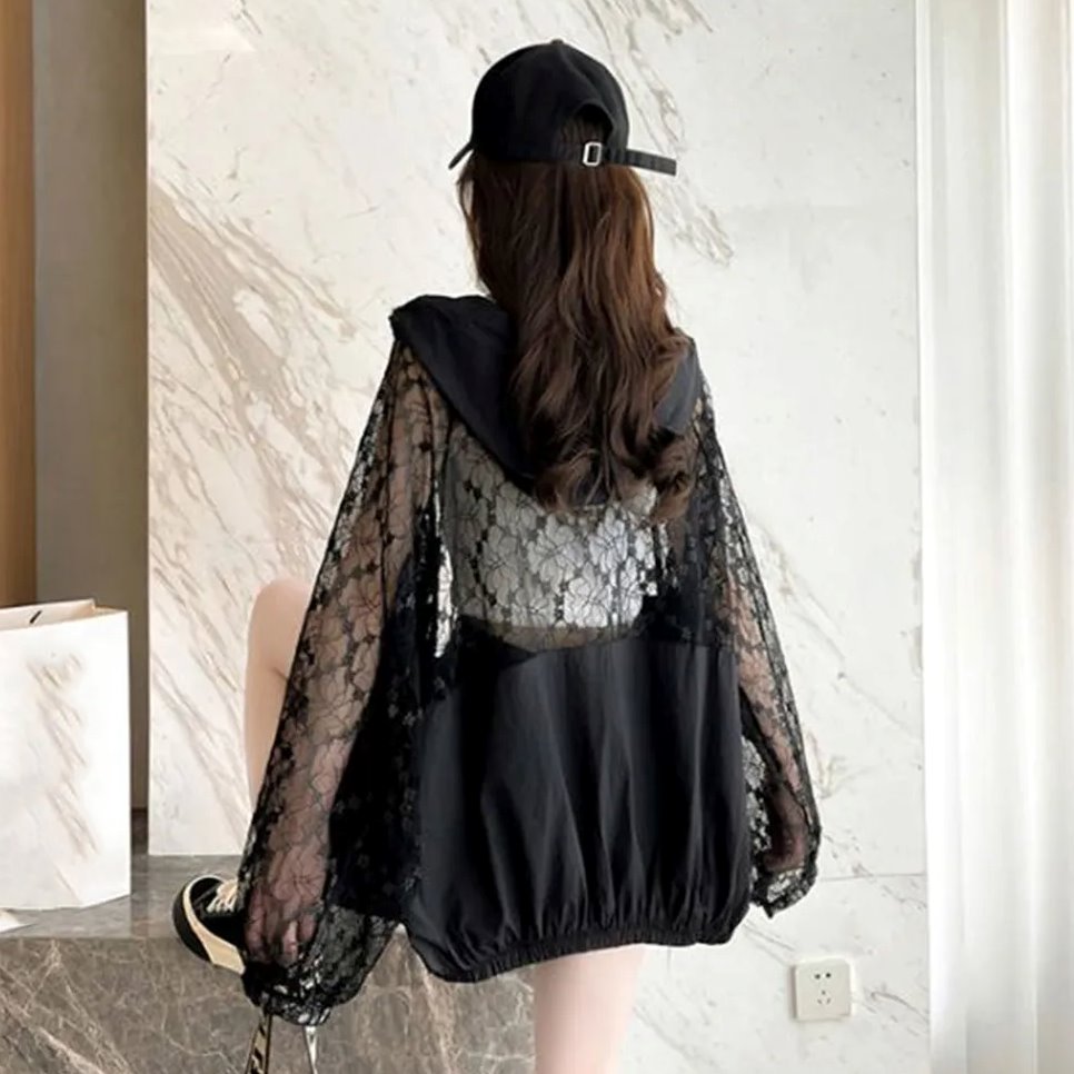 Black White Laced Hoodie Women's Hooded Jacket-Kawaii Dream