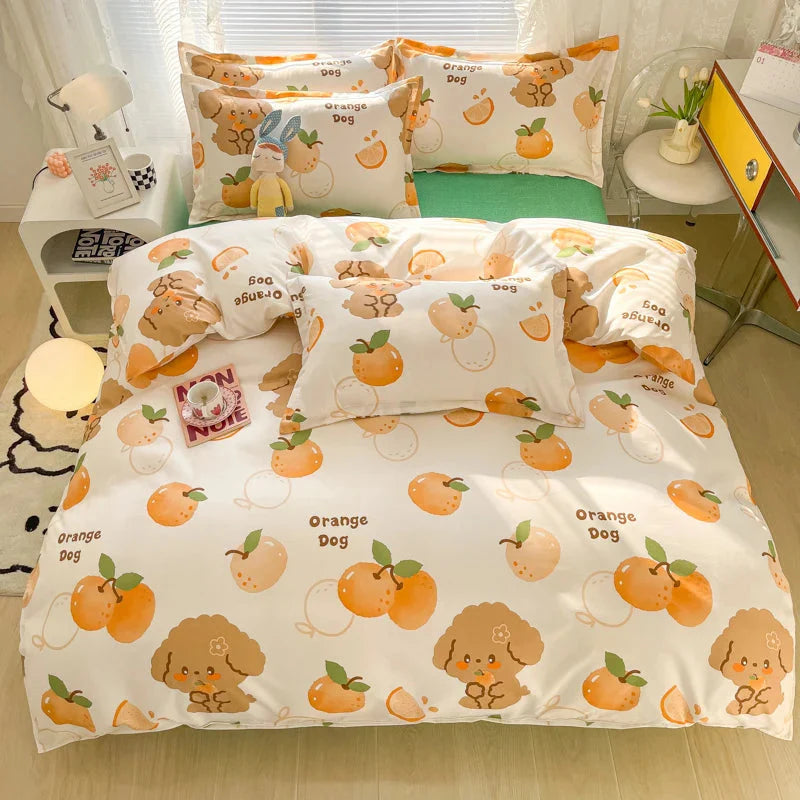 Blue Checked Bear Orange Dog Bedding Sets-Kawaii Dream