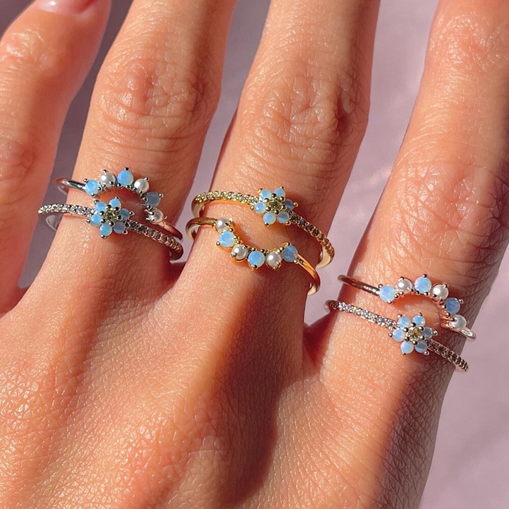 Blue Flower Beaded Gold-plated Rings-Kawaii Dream
