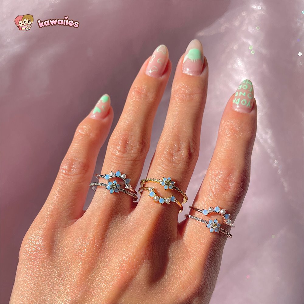 Blue Flower Beaded Gold-plated Rings-Kawaii Dream