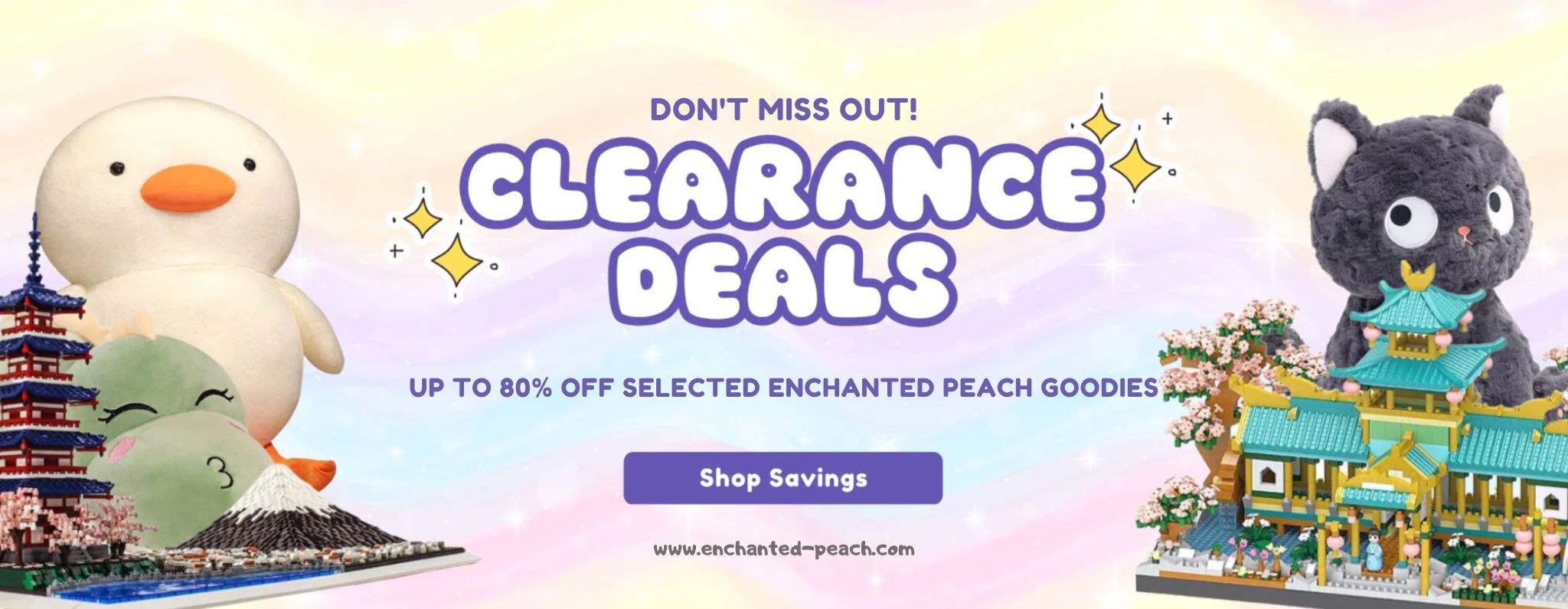 Kawaii plushies and pastel mini blocks on clearance – up to 80% off at Enchanted Peach
