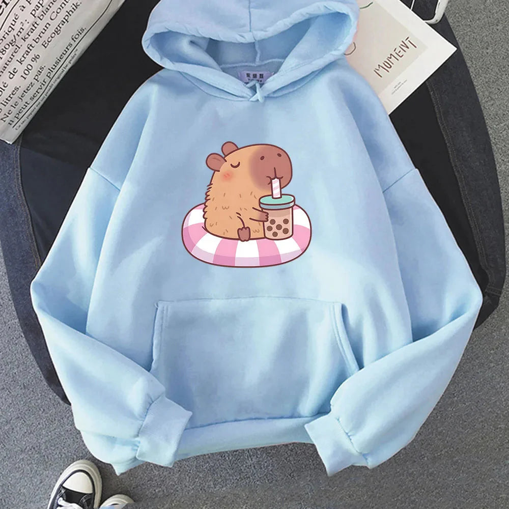 Capybara Floating & Sipping Bubble Tea Unisex Hoodie-Kawaii Dream