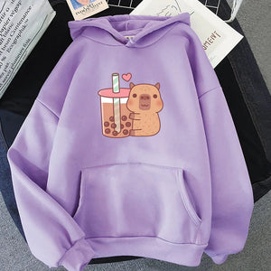 Capybara Hugging Drinking Bubble Tea Unisex Hoodie-Kawaii Dream