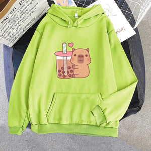 Capybara Hugging Drinking Bubble Tea Unisex Hoodie-Kawaii Dream