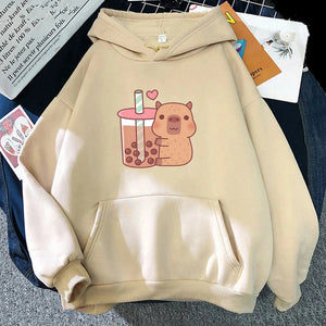 Capybara Hugging Drinking Bubble Tea Unisex Hoodie-Kawaii Dream