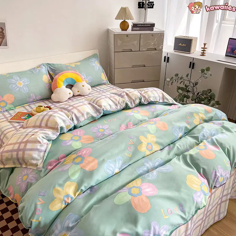 Cartoon Floral Pink Purple Green Bedding Set Collection-Kawaii Dream