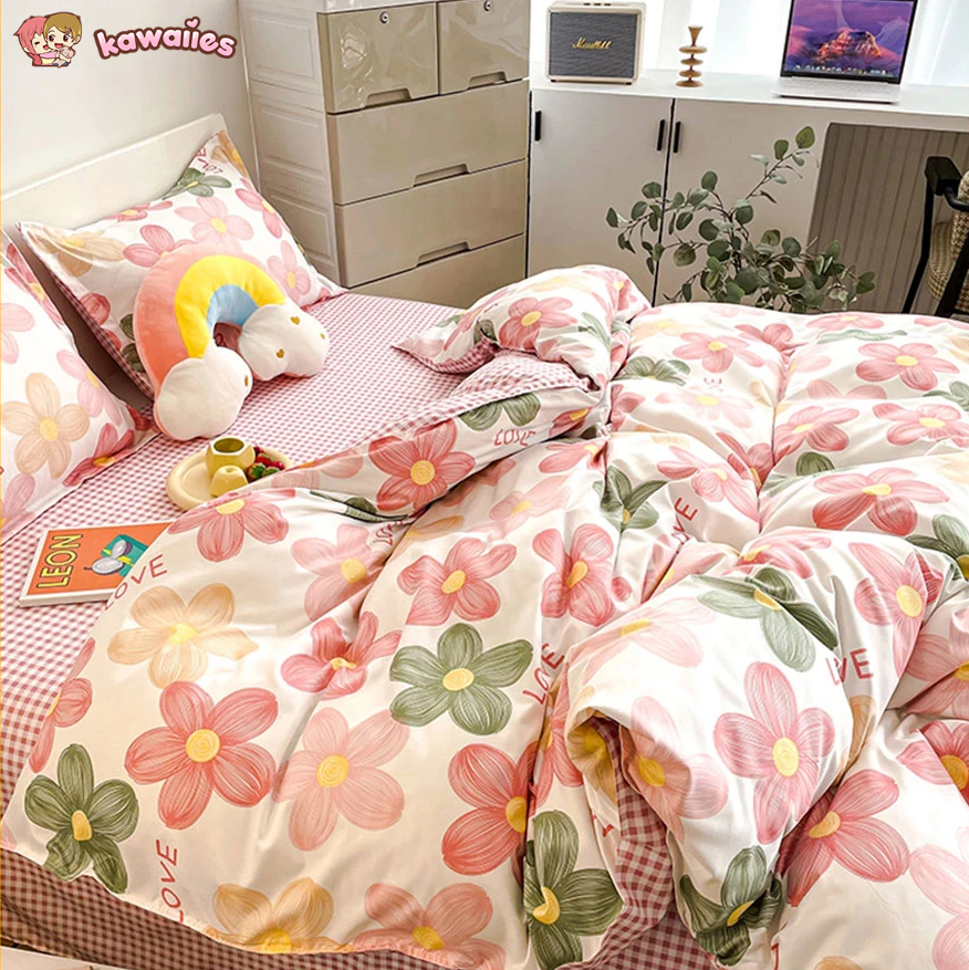 Cartoon Floral Pink Purple Green Bedding Set Collection-Kawaii Dream