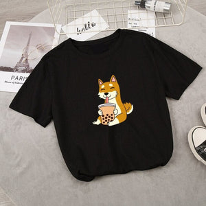 Cartoon Shiba Inu drinking Bubble Tea Women's Part Cotton Tee-Kawaii Dream