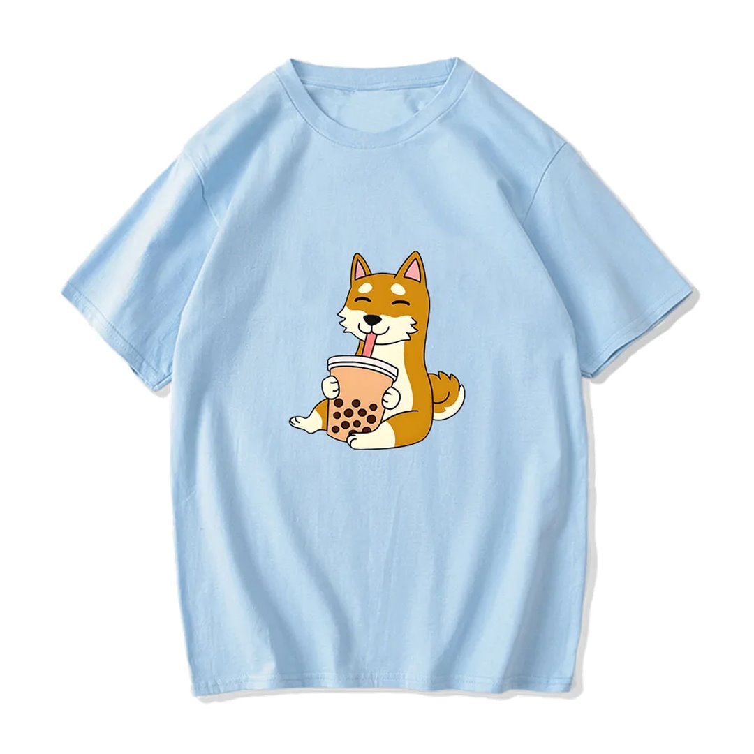 Cartoon Shiba Inu drinking Bubble Tea Women's Part Cotton Tee-Kawaii Dream