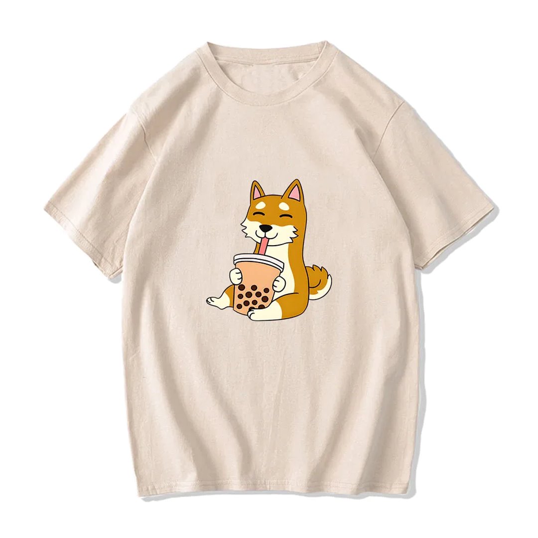 Cartoon Shiba Inu drinking Bubble Tea Women's Part Cotton Tee-Kawaii Dream