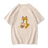 Cartoon Shiba Inu drinking Bubble Tea Women's Part Cotton Tee-Kawaii Dream