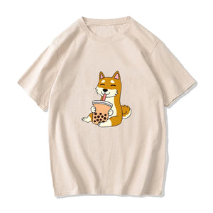 Cartoon Shiba Inu drinking Bubble Tea Women's Part Cotton Tee-Kawaii Dream