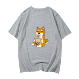 Cartoon Shiba Inu drinking Bubble Tea Women's Part Cotton Tee-Kawaii Dream