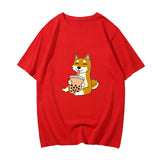 Cartoon Shiba Inu drinking Bubble Tea Women's Part Cotton Tee-Kawaii Dream