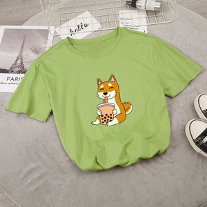 Cartoon Shiba Inu drinking Bubble Tea Women's Part Cotton Tee-Kawaii Dream