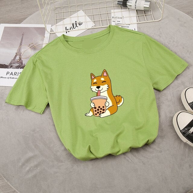 Cartoon Shiba Inu drinking Bubble Tea Women's Part Cotton Tee-Kawaii Dream