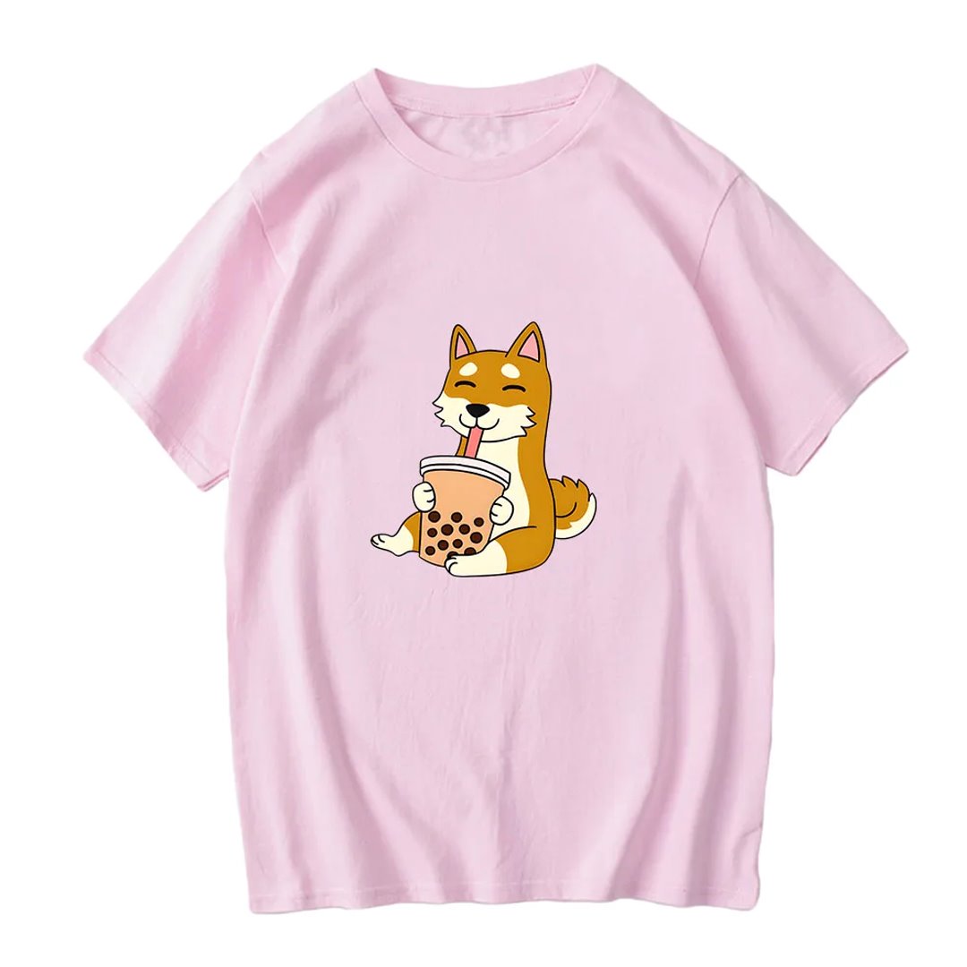 Cartoon Shiba Inu drinking Bubble Tea Women's Part Cotton Tee-Kawaii Dream