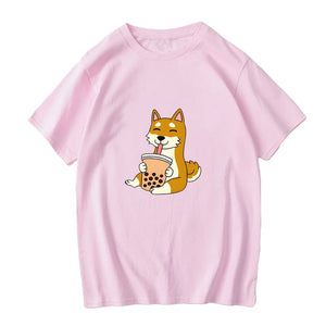 Cartoon Shiba Inu drinking Bubble Tea Women's Part Cotton Tee-Kawaii Dream