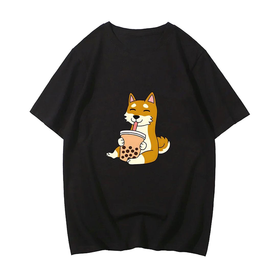 Cartoon Shiba Inu drinking Bubble Tea Women's Part Cotton Tee-Kawaii Dream