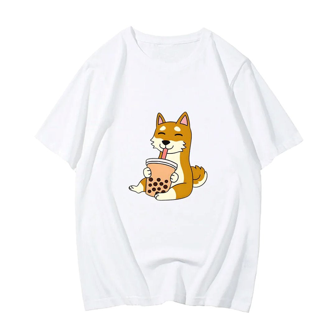 Cartoon Shiba Inu drinking Bubble Tea Women's Part Cotton Tee-Kawaii Dream