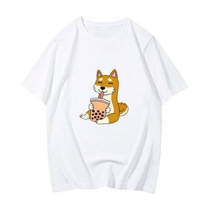 Cartoon Shiba Inu drinking Bubble Tea Women's Part Cotton Tee-Kawaii Dream