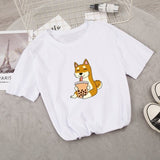 Cartoon Shiba Inu drinking Bubble Tea Women's Part Cotton Tee-Kawaii Dream