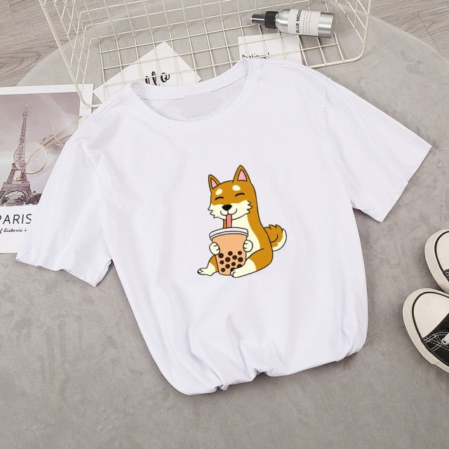 Cartoon Shiba Inu drinking Bubble Tea Women's Part Cotton Tee-Kawaii Dream