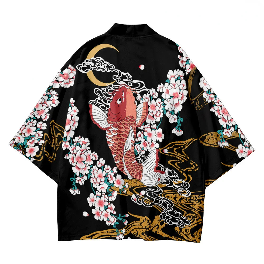 Cherry Blossomg Koi Fish Black Kimono Two-Piece Set-Kawaii Dream