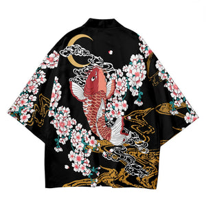 Cherry Blossomg Koi Fish Black Kimono Two-Piece Set-Kawaii Dream