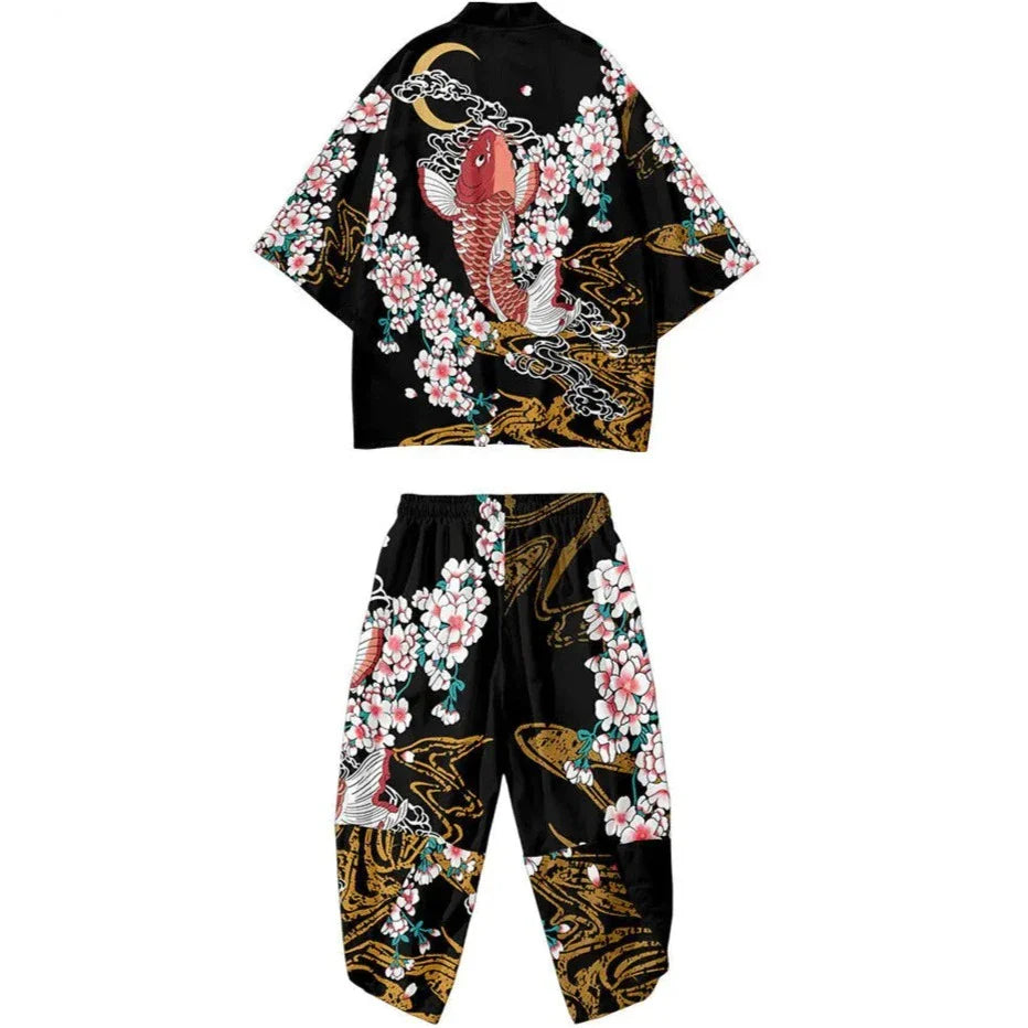 Cherry Blossomg Koi Fish Black Kimono Two-Piece Set-Kawaii Dream