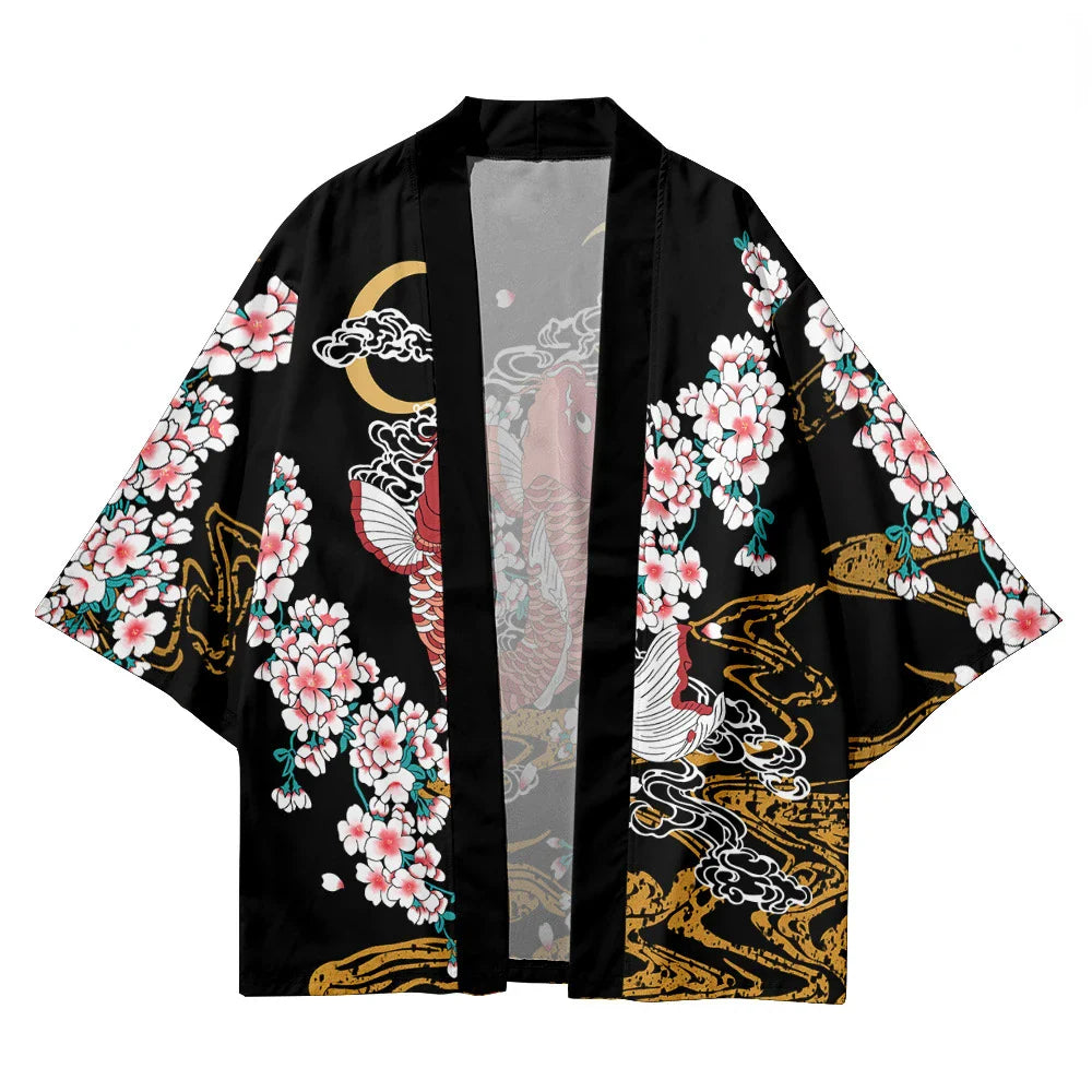 Cherry Blossomg Koi Fish Black Kimono Two-Piece Set-Kawaii Dream