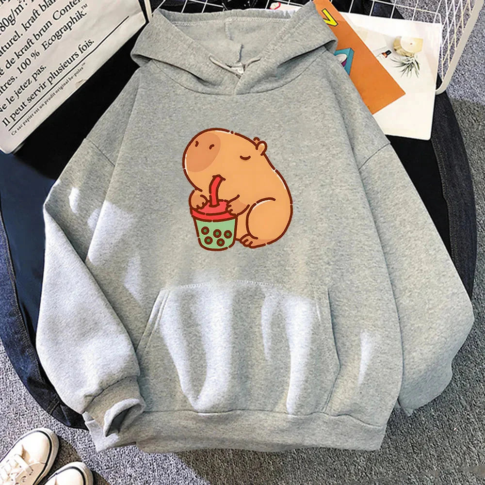 Chonky Capybara Drinking Matcha Bubble Tea Unisex Hoodie-Kawaii Dream