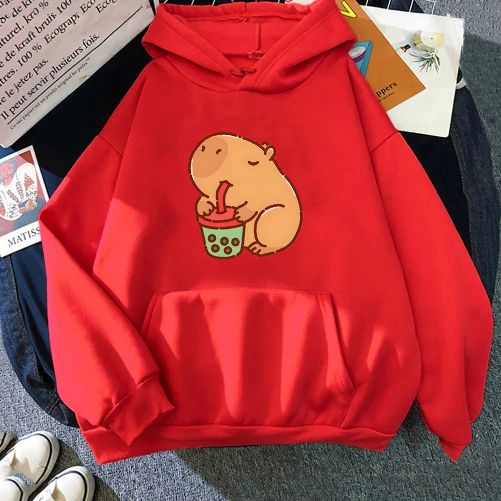Chonky Capybara Drinking Matcha Bubble Tea Unisex Hoodie-Kawaii Dream